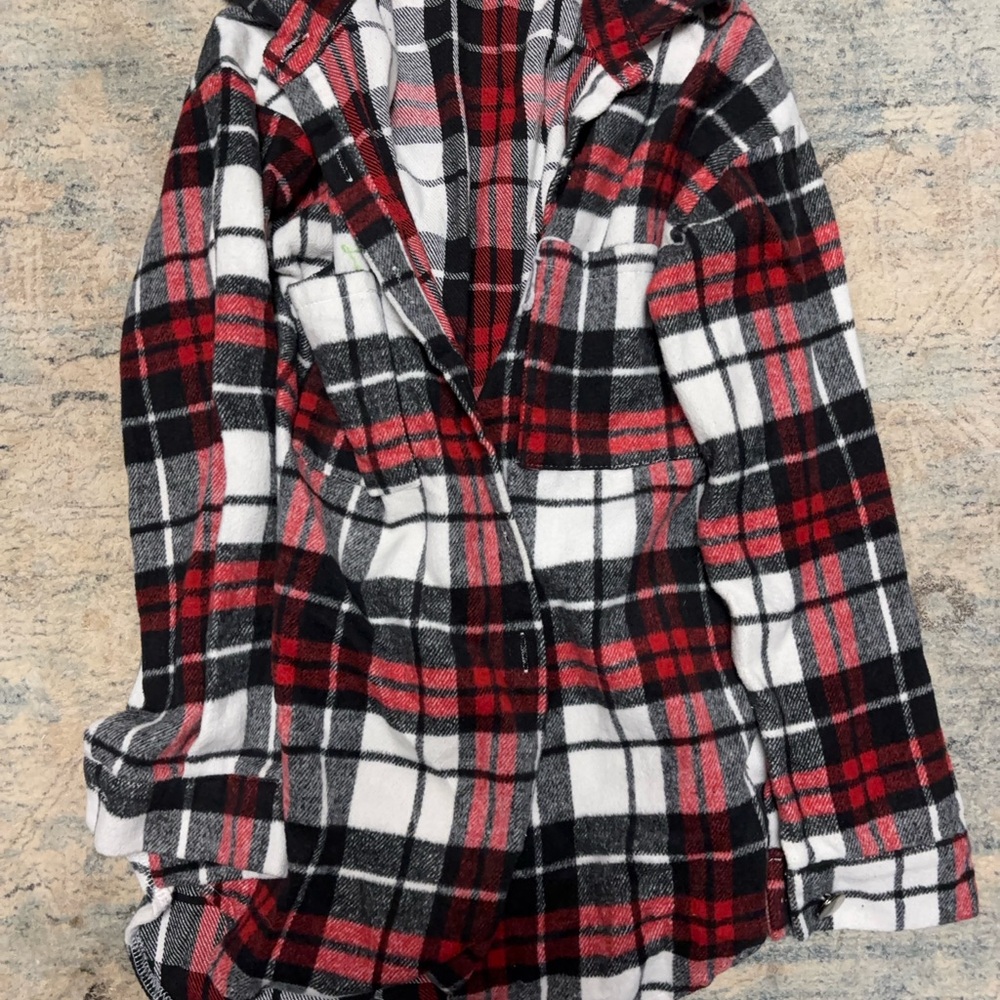 Red Black White Plaid Button-Up Flannel Shirt